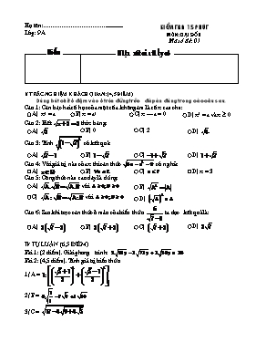 Kiểm tra 15 phút môn Đại số 9 - Mã số đề 01